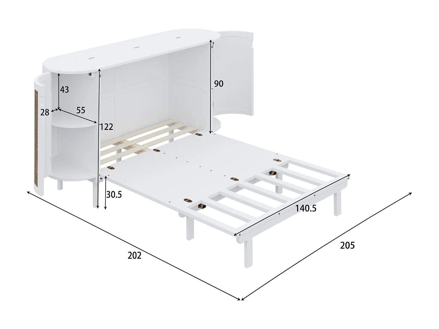 Lit escamotable pour enfant - 140 x 200 cm - avec compartiments de rangement - design rotin - bois - blanc