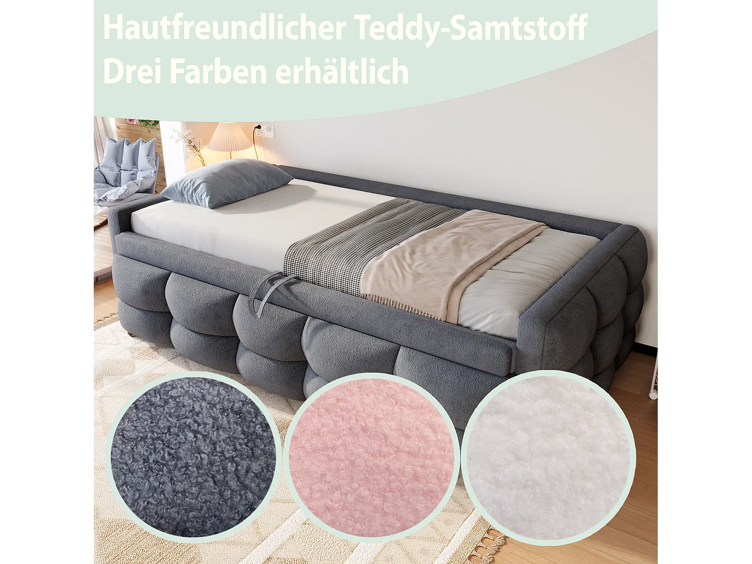 Canapé-lit extensible rembourré - 90/180 x 190 cm - avec sommier à lattes - velours - gris