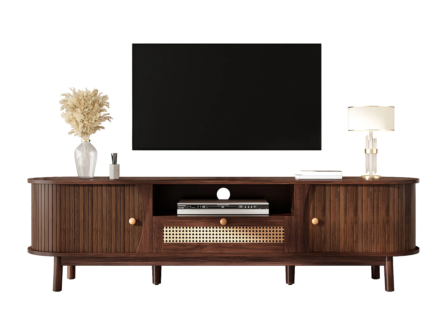 Meuble TV en rotin - 165 x 37 x 46 cm - avec 2 portes + 1 tiroir + étagère - façade basse - MDF - marron