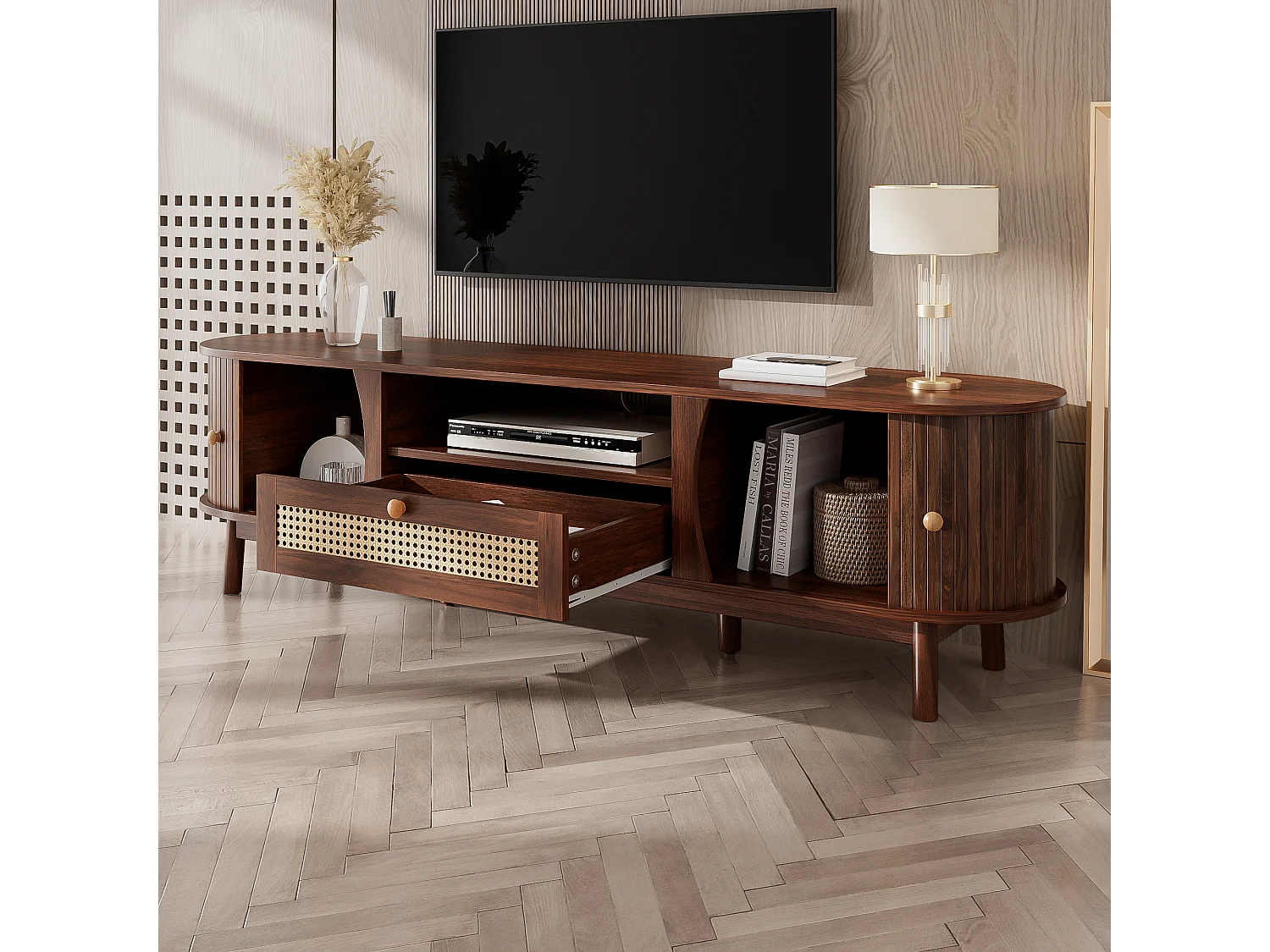 Meuble TV en rotin - 165 x 37 x 46 cm - avec 2 portes + 1 tiroir + étagère - façade basse - MDF - marron