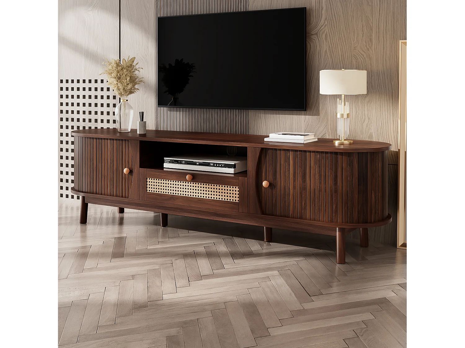 TV-Ständer aus Rattan – 165 x 37 x 46 cm – mit 2 Türen, 1 Schublade und Ablage – niedrige Front – MDF – braun