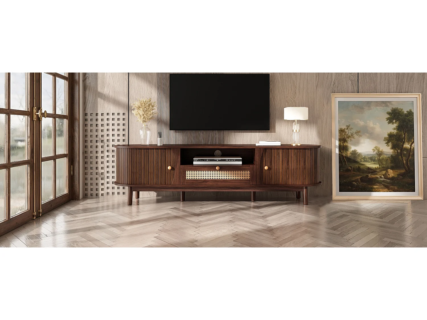 TV-Ständer aus Rattan – 165 x 37 x 46 cm – mit 2 Türen, 1 Schublade und Ablage – niedrige Front – MDF – braun