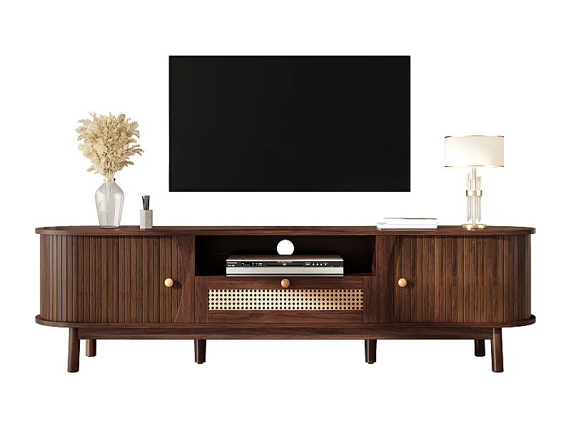 Meuble TV en rotin - 165 x 37 x 46 cm - avec 2 portes + 1 tiroir + étagère - façade basse - MDF - marron