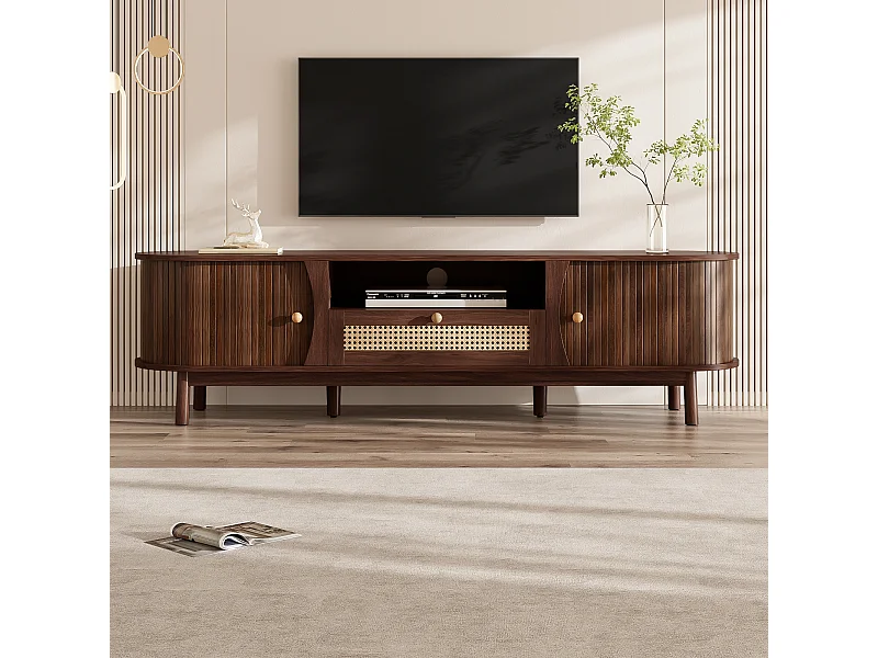 Meuble TV en rotin - 165 x 37 x 46 cm - avec 2 portes + 1 tiroir + étagère - façade basse - MDF - marron