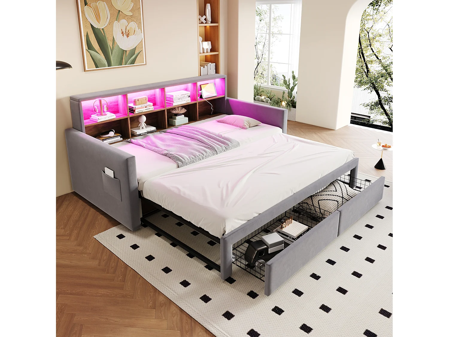 Canapé-lit extensible enfant - 90/180 x 190 cm - tête de lit avec rangement + Leds + prises - avec 2 tiroirs - velours - gris clair