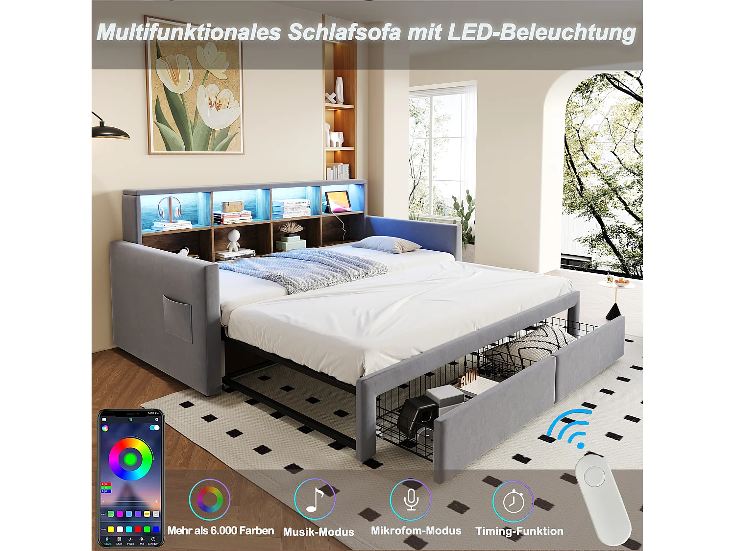 Canapé-lit extensible enfant - 90/180 x 190 cm - tête de lit avec rangement + Leds + prises - avec 2 tiroirs - velours - gris clair