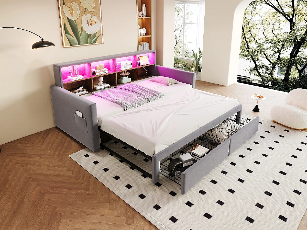 Canapé-lit extensible enfant - 90/180 x 190 cm - tête de lit avec rangement + Leds + prises - avec 2 tiroirs - velours - gris clair