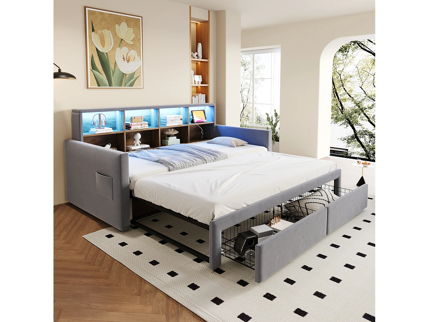 Canapé-lit extensible enfant - 90/180 x 190 cm - tête de lit avec rangement + Leds + prises - avec 2 tiroirs - velours - gris clair