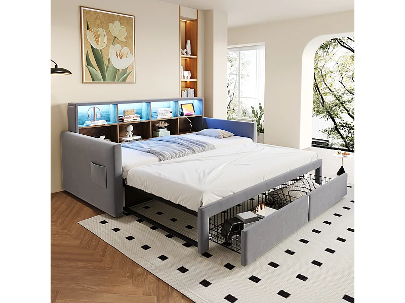 Canapé-lit extensible enfant - 90/180 x 190 cm - tête de lit avec rangement + Leds + prises - avec 2 tiroirs - velours - gris clair