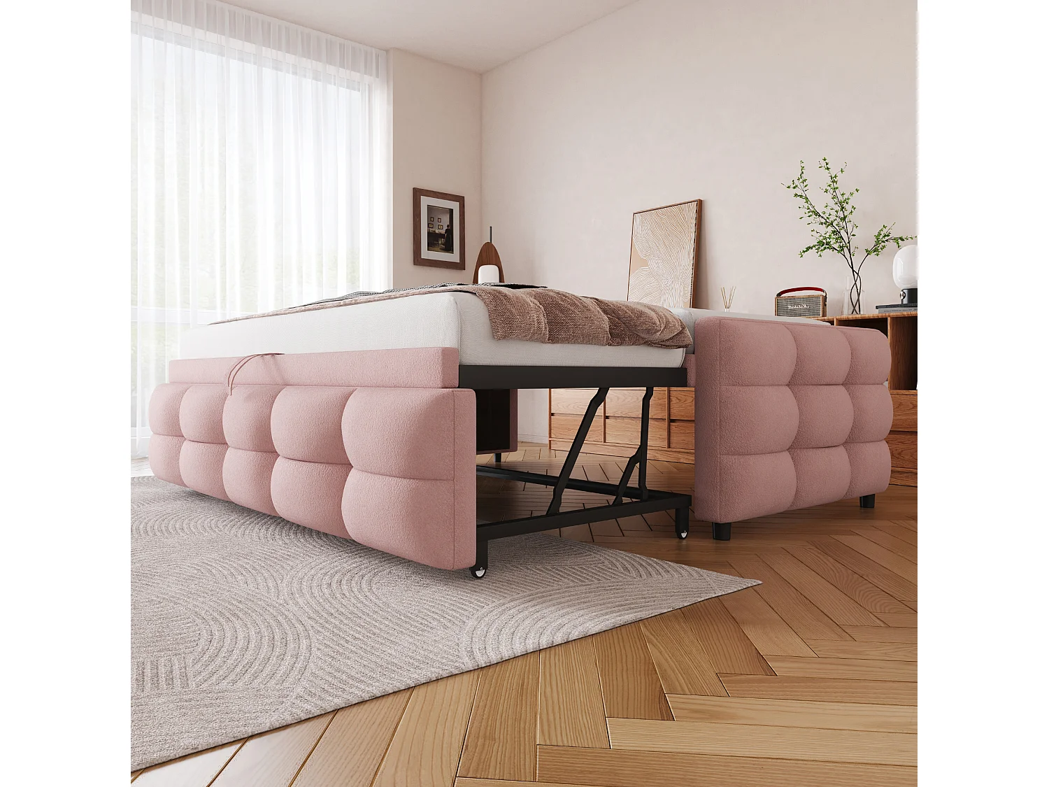 Canapé-lit extensible rembourré - 90/180 x 190 cm - avec sommier à lattes - velours - rose