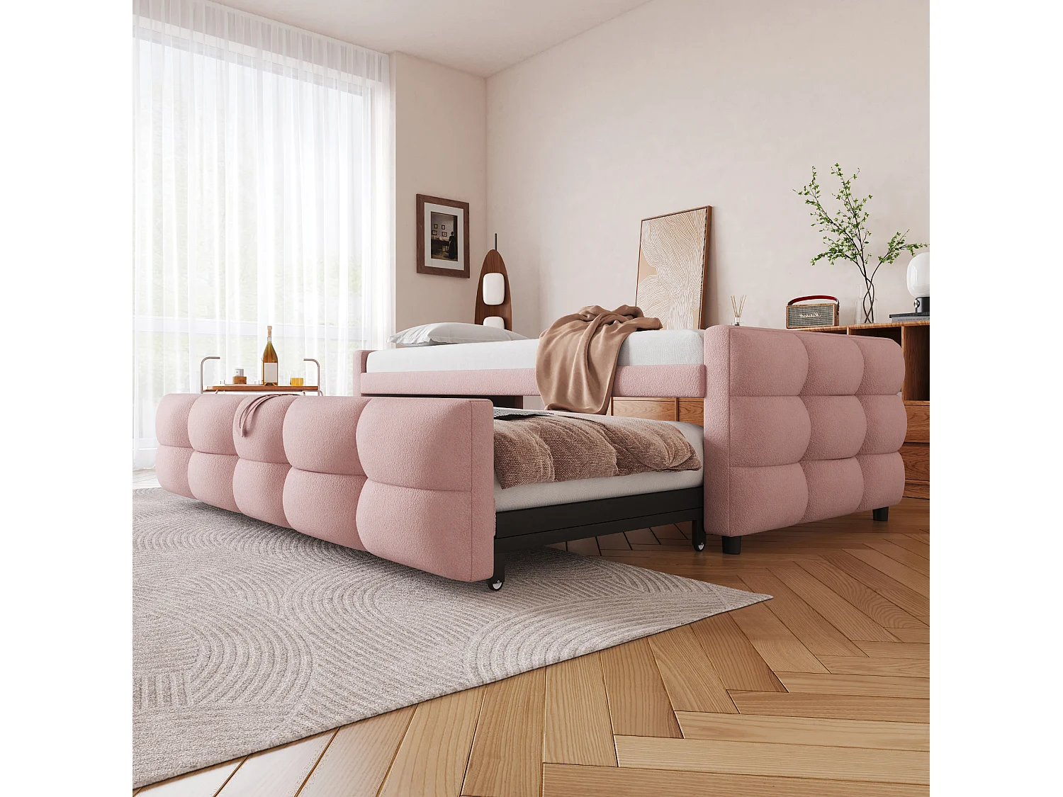 Canapé-lit extensible rembourré - 90/180 x 190 cm - avec sommier à lattes - velours - rose