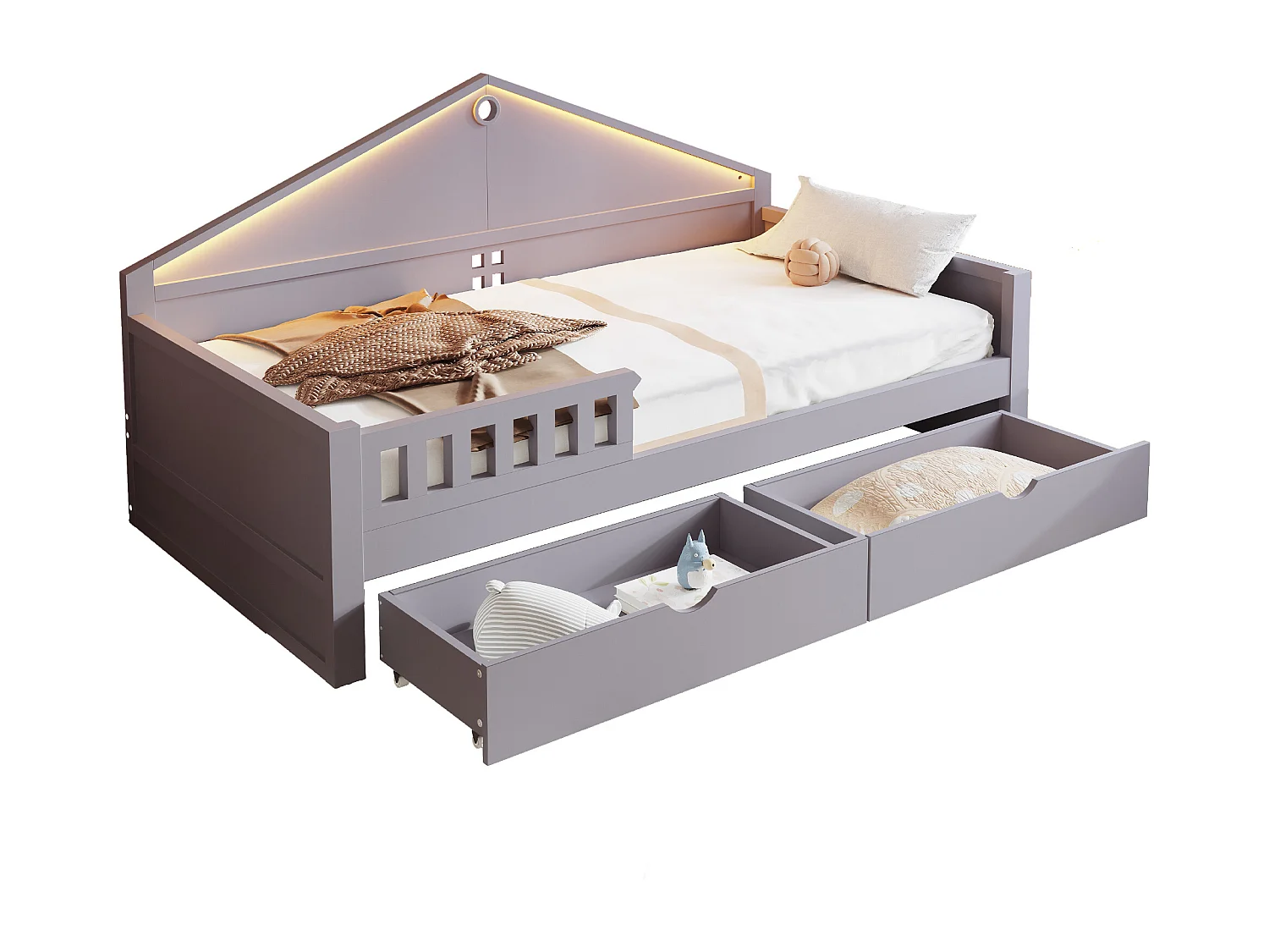 Einzelbett für Kinder – 90 x 200 cm – mit LED-Beleuchtung, 2 Schubladen und Lattenrost – Holz und MDF – grau