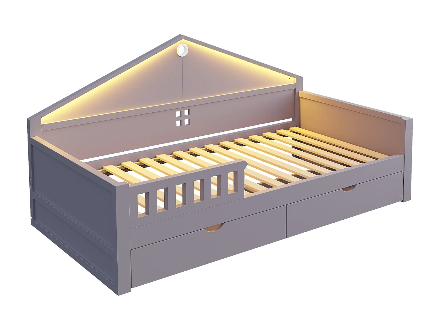 Einzelbett für Kinder – 90 x 200 cm – mit LED-Beleuchtung, 2 Schubladen und Lattenrost – Holz und MDF – grau