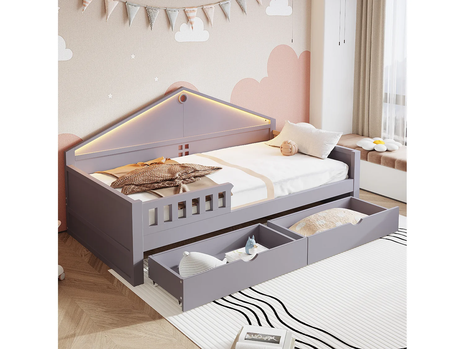 Letto singolo per bambini - 90 x 200 cm - con LED + 2 cassetti + rete a doghe - legno + MDF - grigio