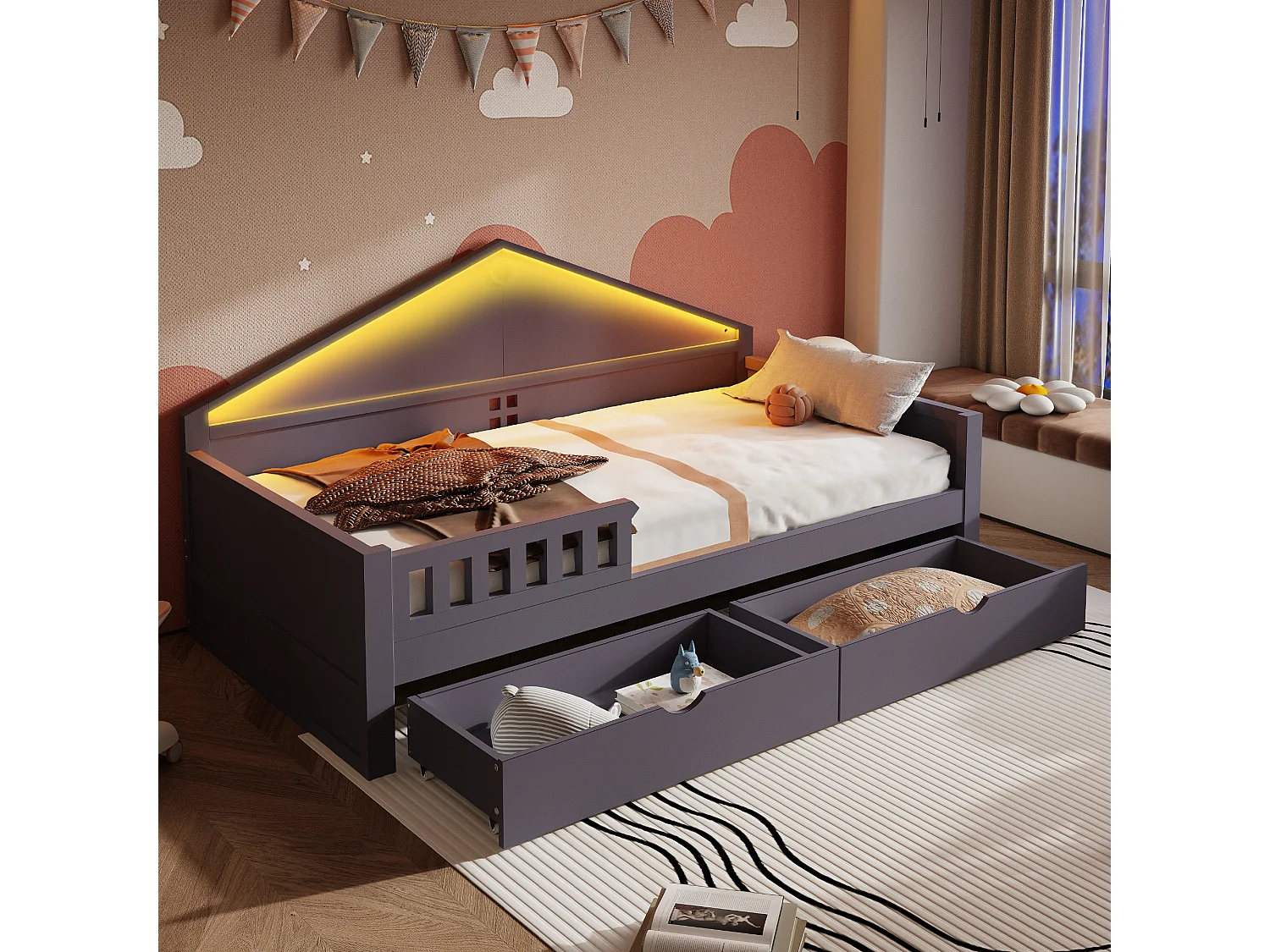 Letto singolo per bambini - 90 x 200 cm - con LED + 2 cassetti + rete a doghe - legno + MDF - grigio