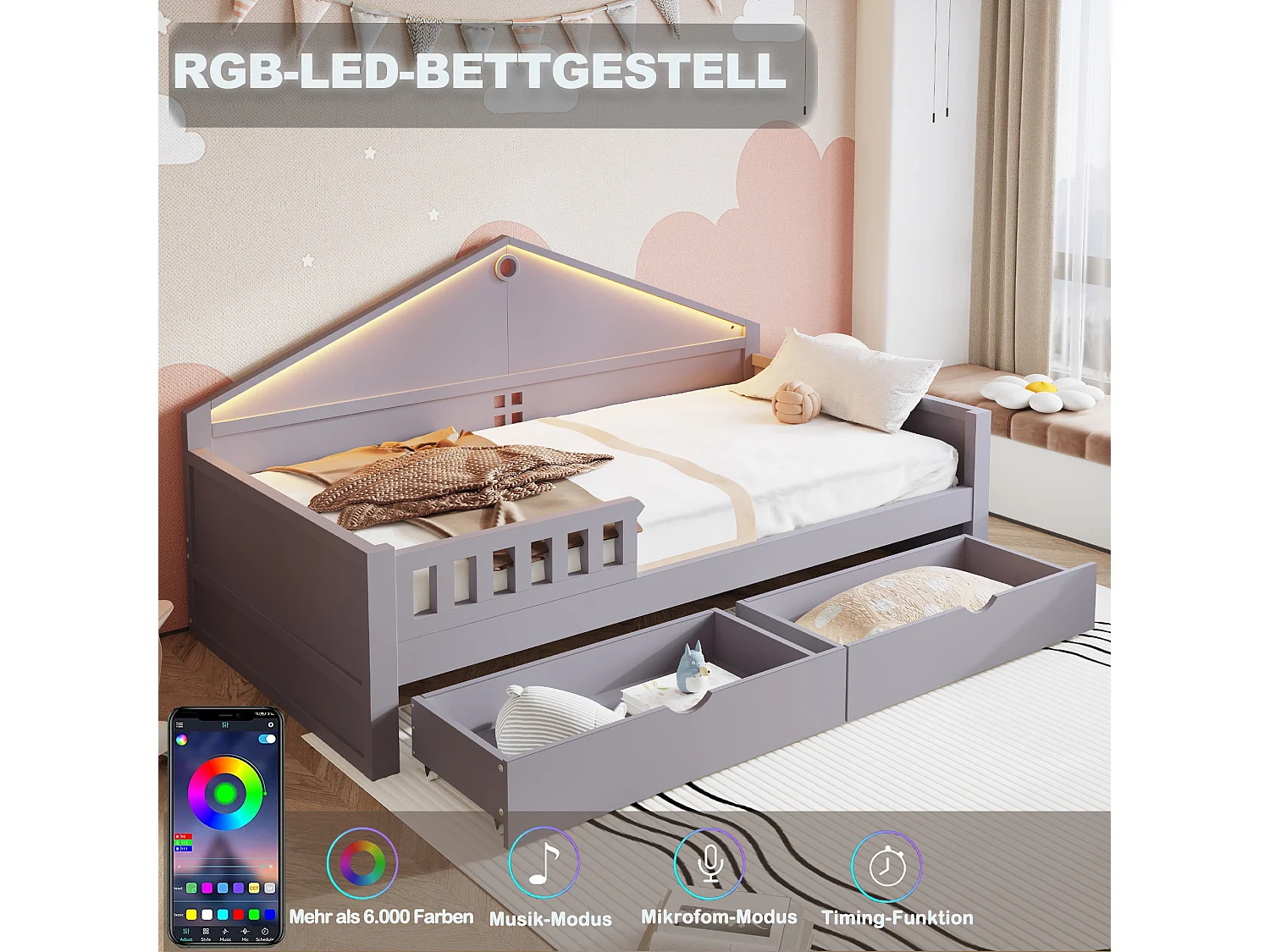 Letto singolo per bambini - 90 x 200 cm - con LED + 2 cassetti + rete a doghe - legno + MDF - grigio