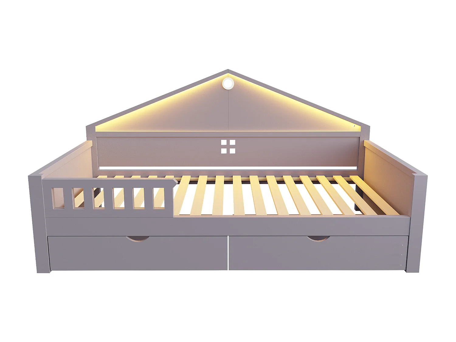 Letto singolo per bambini - 90 x 200 cm - con LED + 2 cassetti + rete a doghe - legno + MDF - grigio