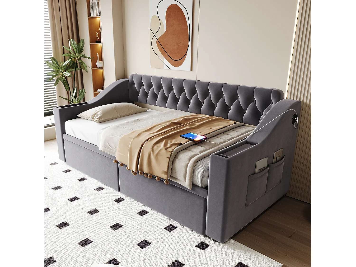 Canapé-lit capitonné enfant - 90 x 190 cm - avec accoudoirs de rangement + USB + 2 tiroirs - velours - gris