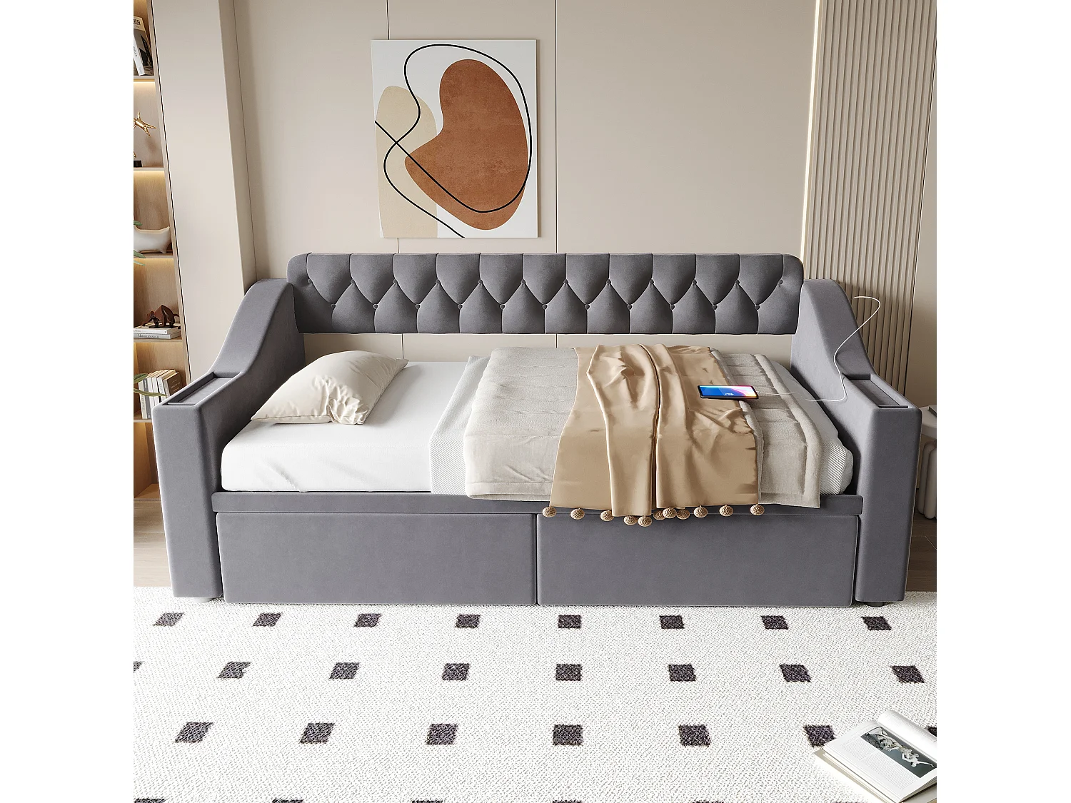 Canapé-lit capitonné enfant - 90 x 190 cm - avec accoudoirs de rangement + USB + 2 tiroirs - velours - gris