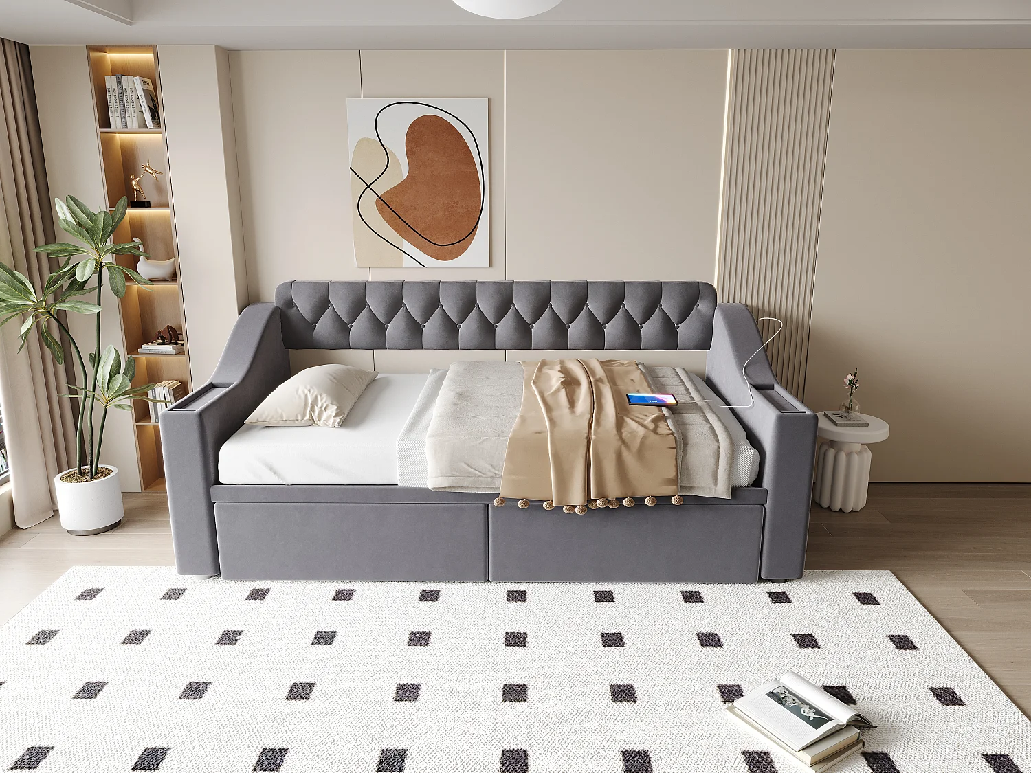 Canapé-lit capitonné enfant - 90 x 190 cm - avec accoudoirs de rangement + USB + 2 tiroirs - velours - gris