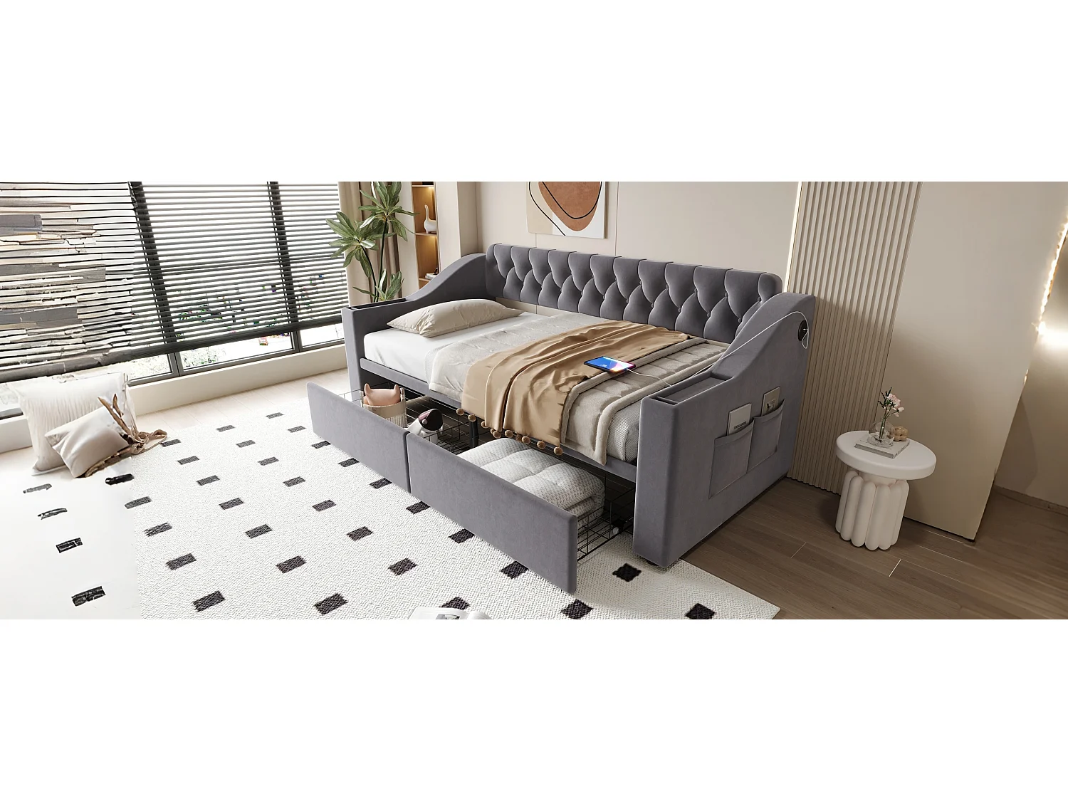 Canapé-lit capitonné enfant - 90 x 190 cm - avec accoudoirs de rangement + USB + 2 tiroirs - velours - gris