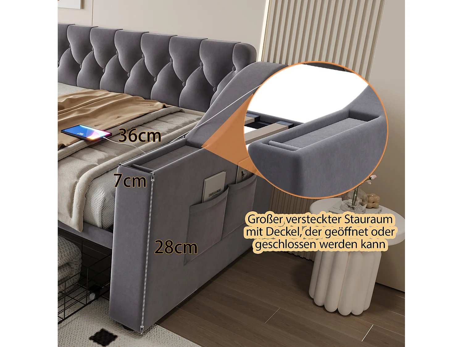 Børnepolstret sovesofa - 90 x 190 cm - med armlæn med opbevaring + USB-port + 2 skuffer - fløjl - grå