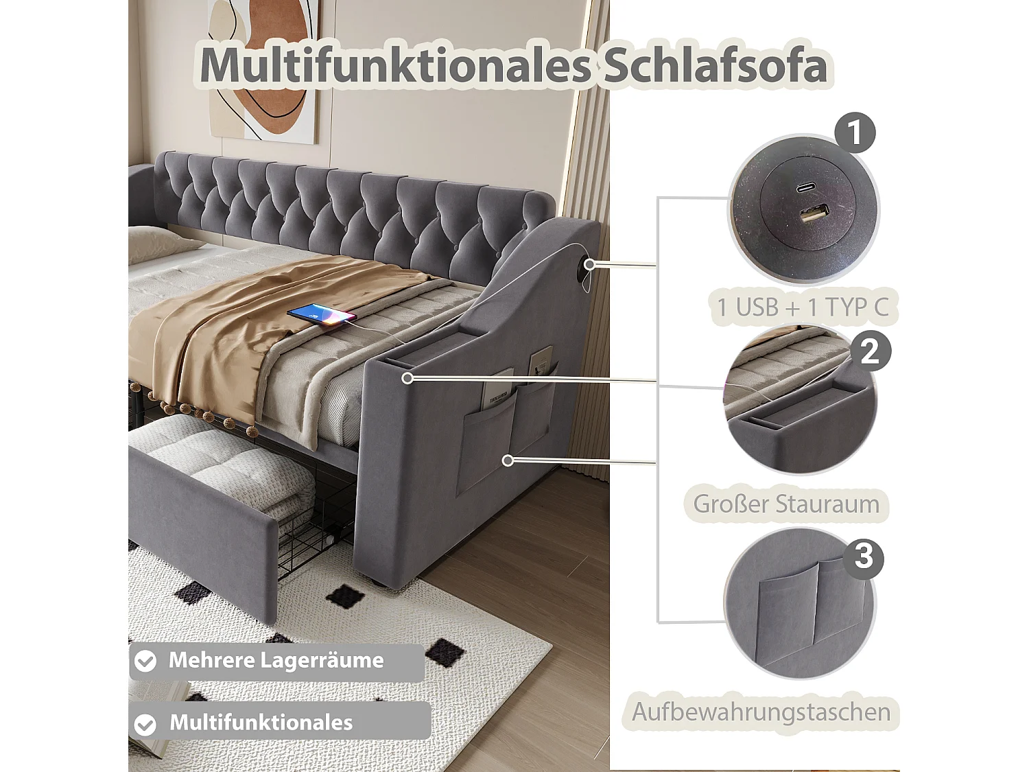 Børnepolstret sovesofa - 90 x 190 cm - med armlæn med opbevaring + USB-port + 2 skuffer - fløjl - grå