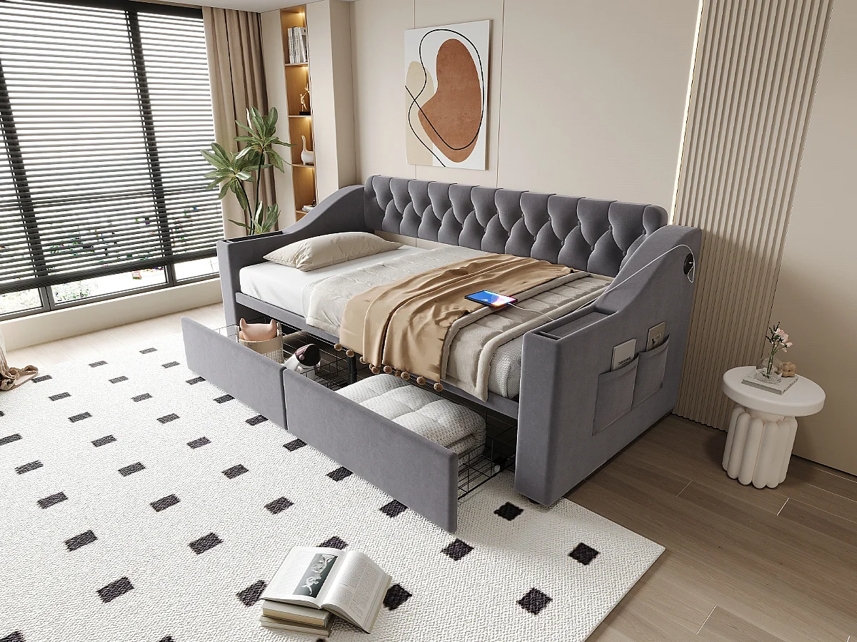 Børnepolstret sovesofa - 90 x 190 cm - med armlæn med opbevaring + USB-port + 2 skuffer - fløjl - grå