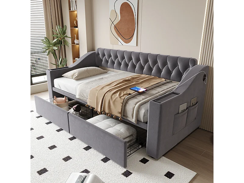 Canapé-lit capitonné enfant - 90 x 190 cm - avec accoudoirs de rangement + USB + 2 tiroirs - velours - gris