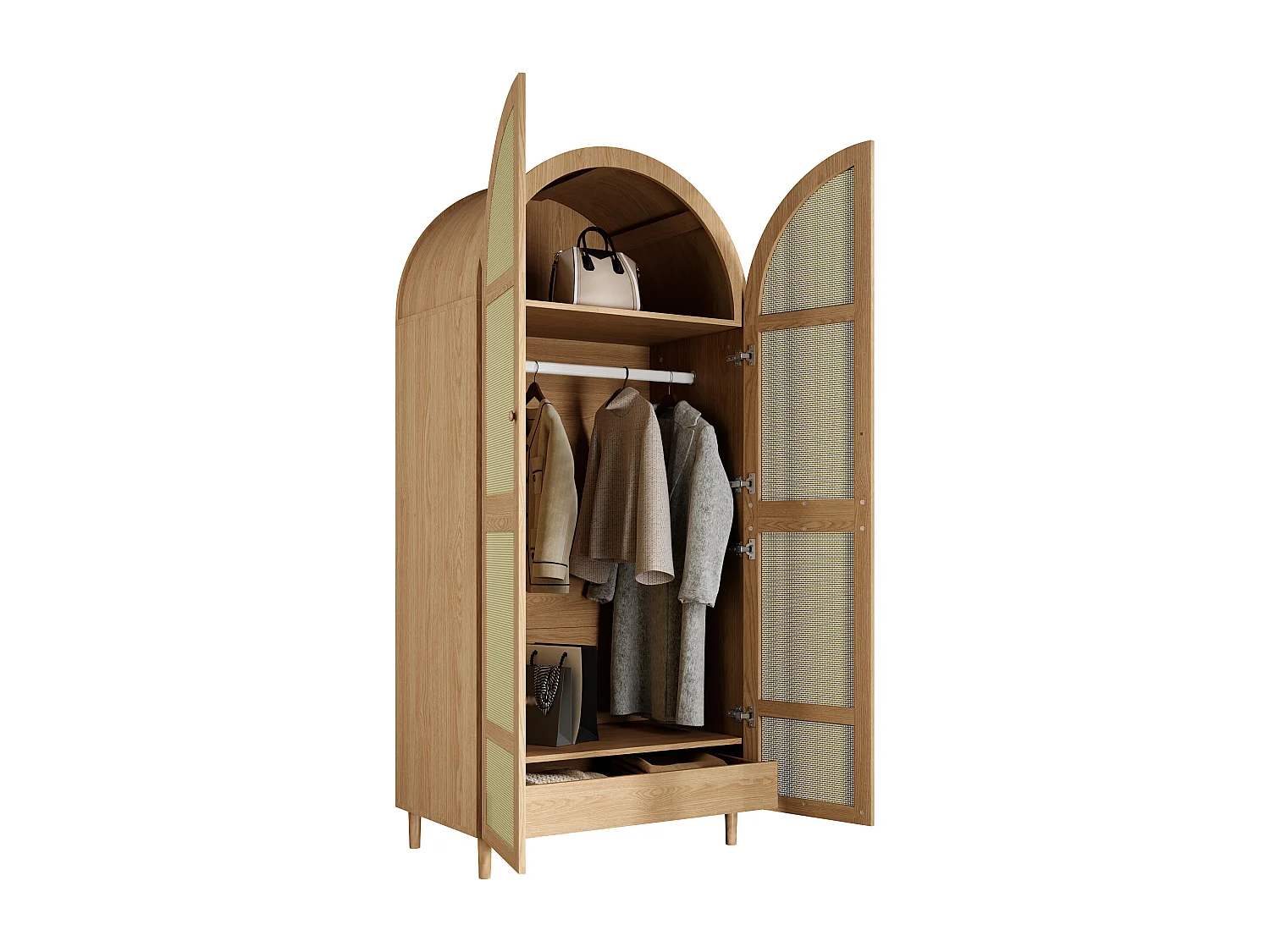 Moderner Kleiderschrank mit gebogenen Türen – 80 x 50 x 179 cm – mit Kleiderstange und Schublade – MDF + Spanplatte – natur