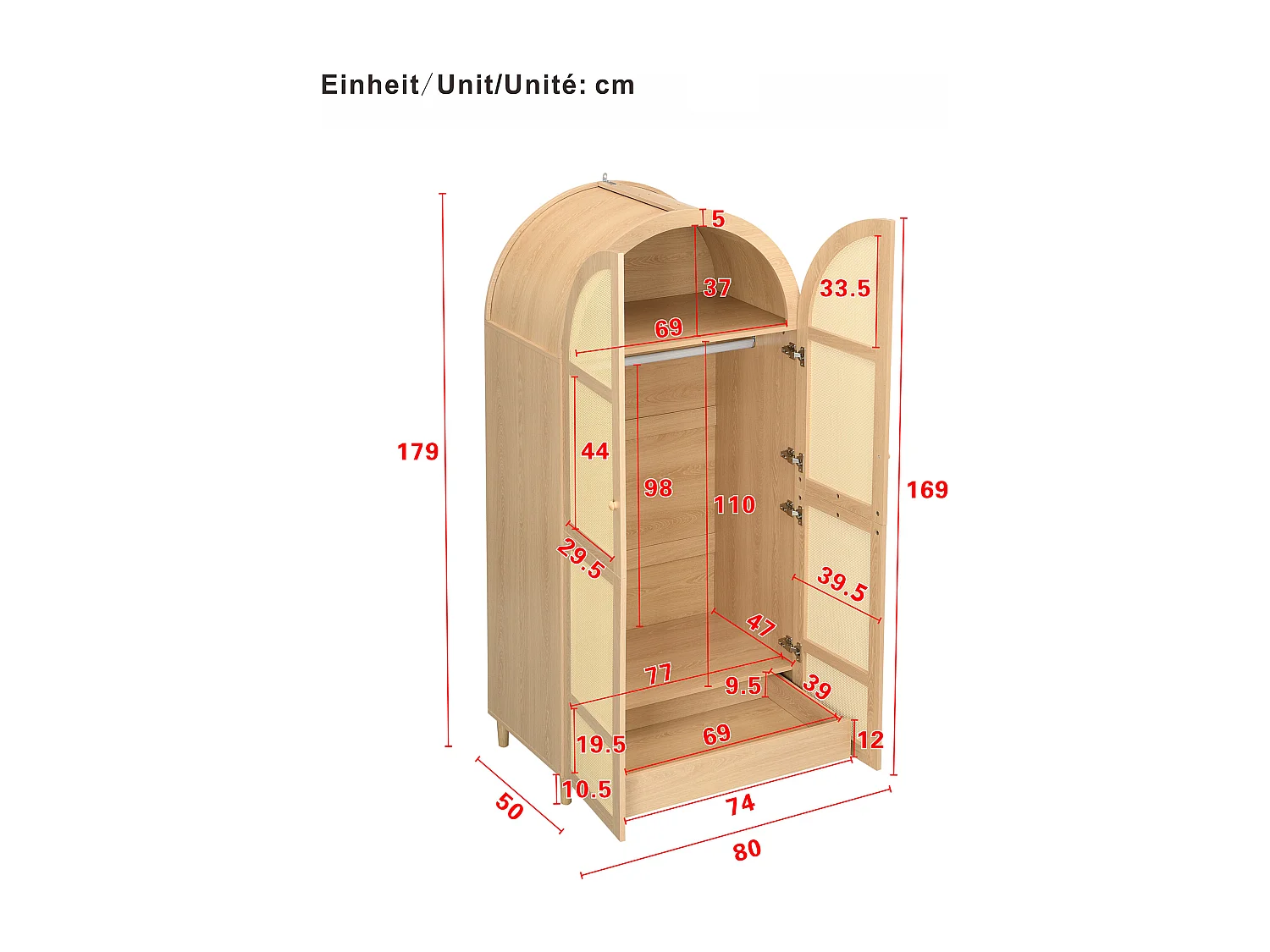 Moderner Kleiderschrank mit gebogenen Türen – 80 x 50 x 179 cm – mit Kleiderstange und Schublade – MDF + Spanplatte – natur