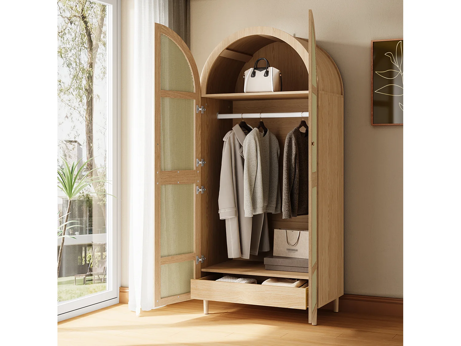 Moderner Kleiderschrank mit gebogenen Türen – 80 x 50 x 179 cm – mit Kleiderstange und Schublade – MDF + Spanplatte – natur