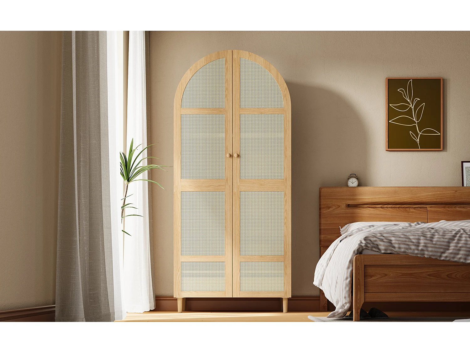 Moderner Kleiderschrank mit gebogenen Türen – 80 x 50 x 179 cm – mit Kleiderstange und Schublade – MDF + Spanplatte – natur