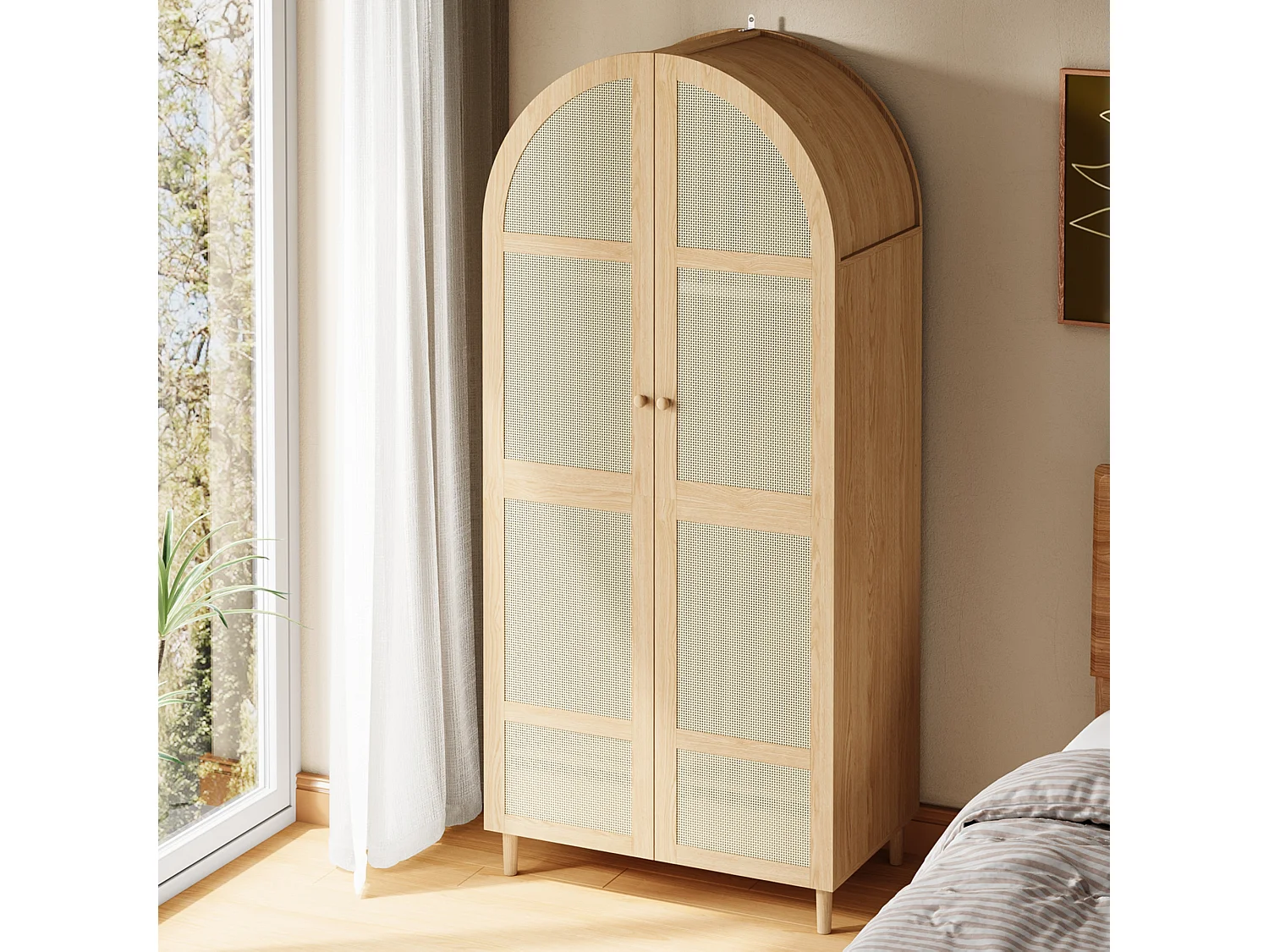 Moderner Kleiderschrank mit gebogenen Türen – 80 x 50 x 179 cm – mit Kleiderstange und Schublade – MDF + Spanplatte – natur