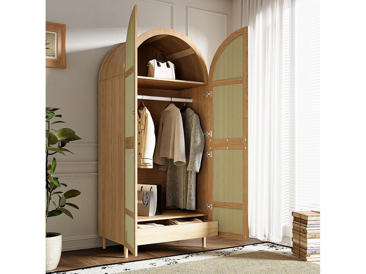 Moderner Kleiderschrank mit gebogenen Türen – 80 x 50 x 179 cm – mit Kleiderstange und Schublade – MDF + Spanplatte – natur