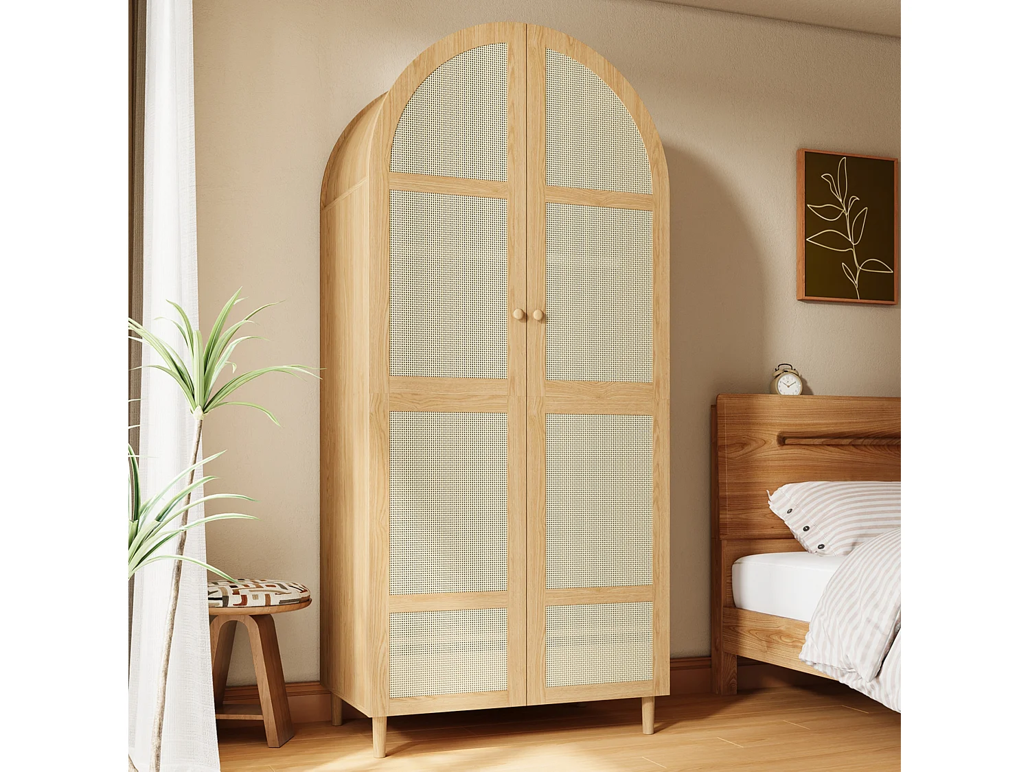 Armoire moderne à portes courbes - 80 x 50 x 179 cm - avec tringle et tiroir - MDF + aggloméré - naturel