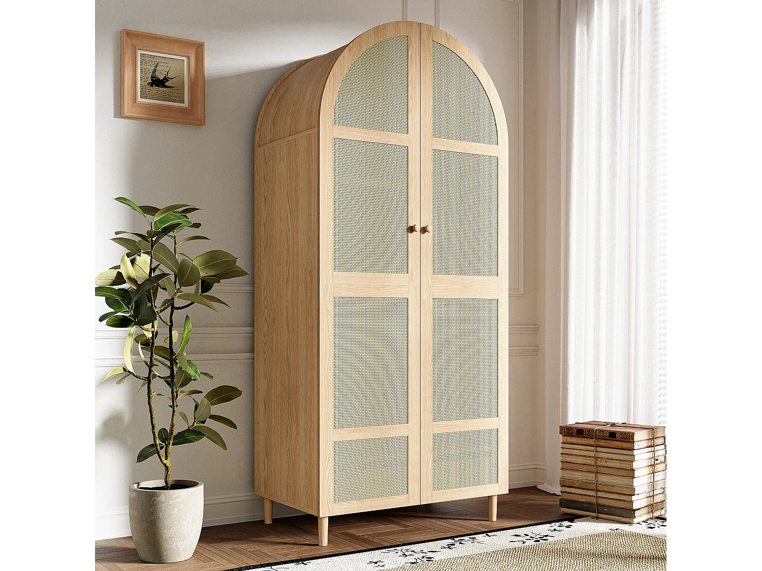 Armoire moderne à portes courbes - 80 x 50 x 179 cm - avec tringle et tiroir - MDF + aggloméré - naturel