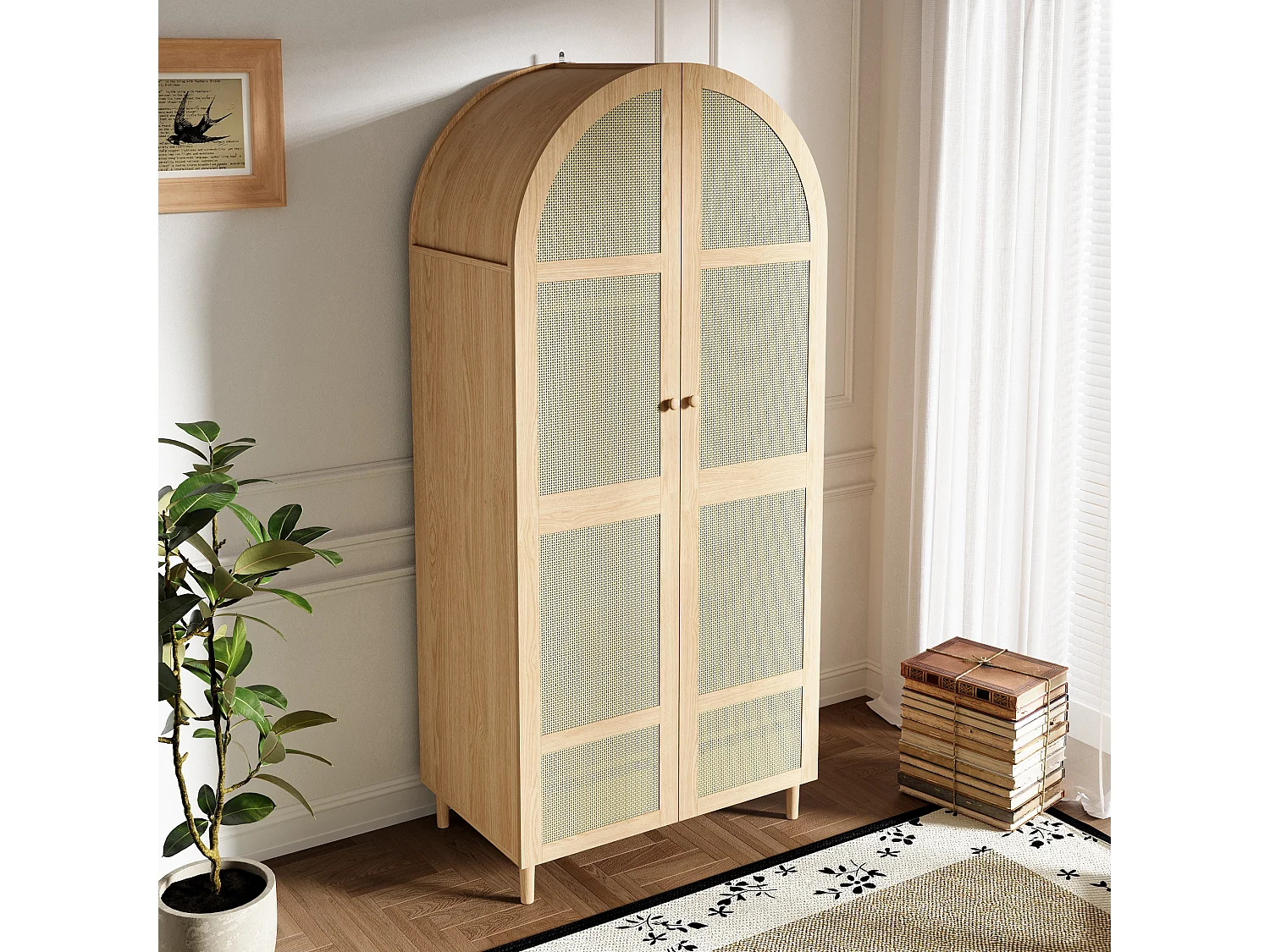 Armoire moderne à portes courbes - 80 x 50 x 179 cm - avec tringle et tiroir - MDF + aggloméré - naturel