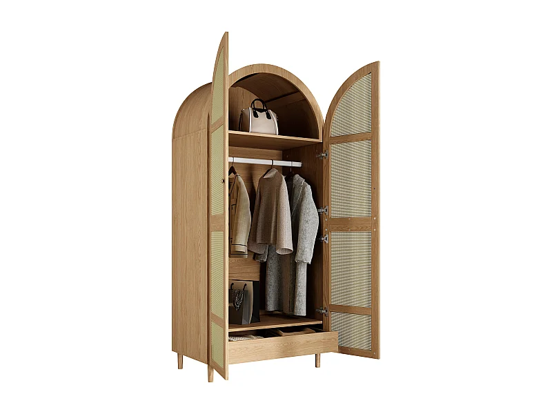 Moderner Kleiderschrank mit gebogenen Türen – 80 x 50 x 179 cm – mit Kleiderstange und Schublade – MDF + Spanplatte – natur