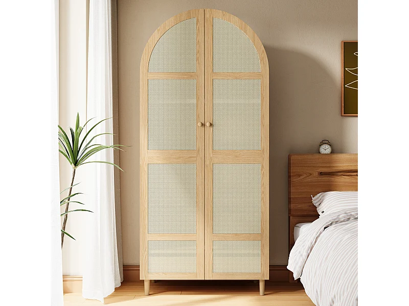 Moderner Kleiderschrank mit gebogenen Türen – 80 x 50 x 179 cm – mit Kleiderstange und Schublade – MDF + Spanplatte – natur