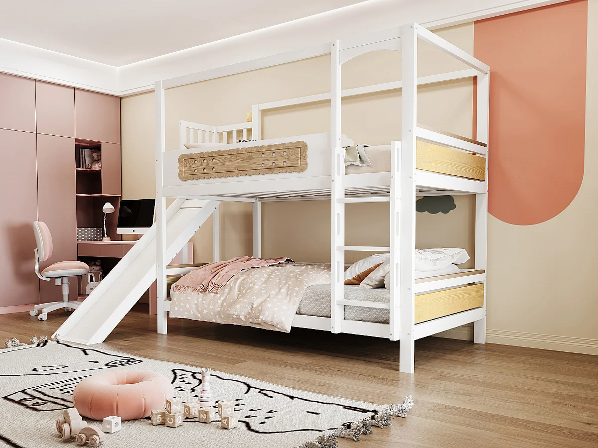 Letto a castello per bambini - 2 x 90 x 200 cm - a forma di casa - con sponde + scivolo + scaletta - legno - bianco