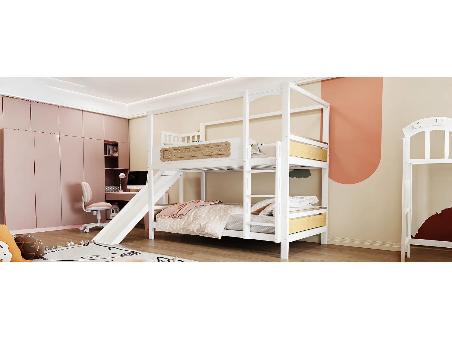 Letto a castello per bambini - 2 x 90 x 200 cm - a forma di casa - con sponde + scivolo + scaletta - legno - bianco