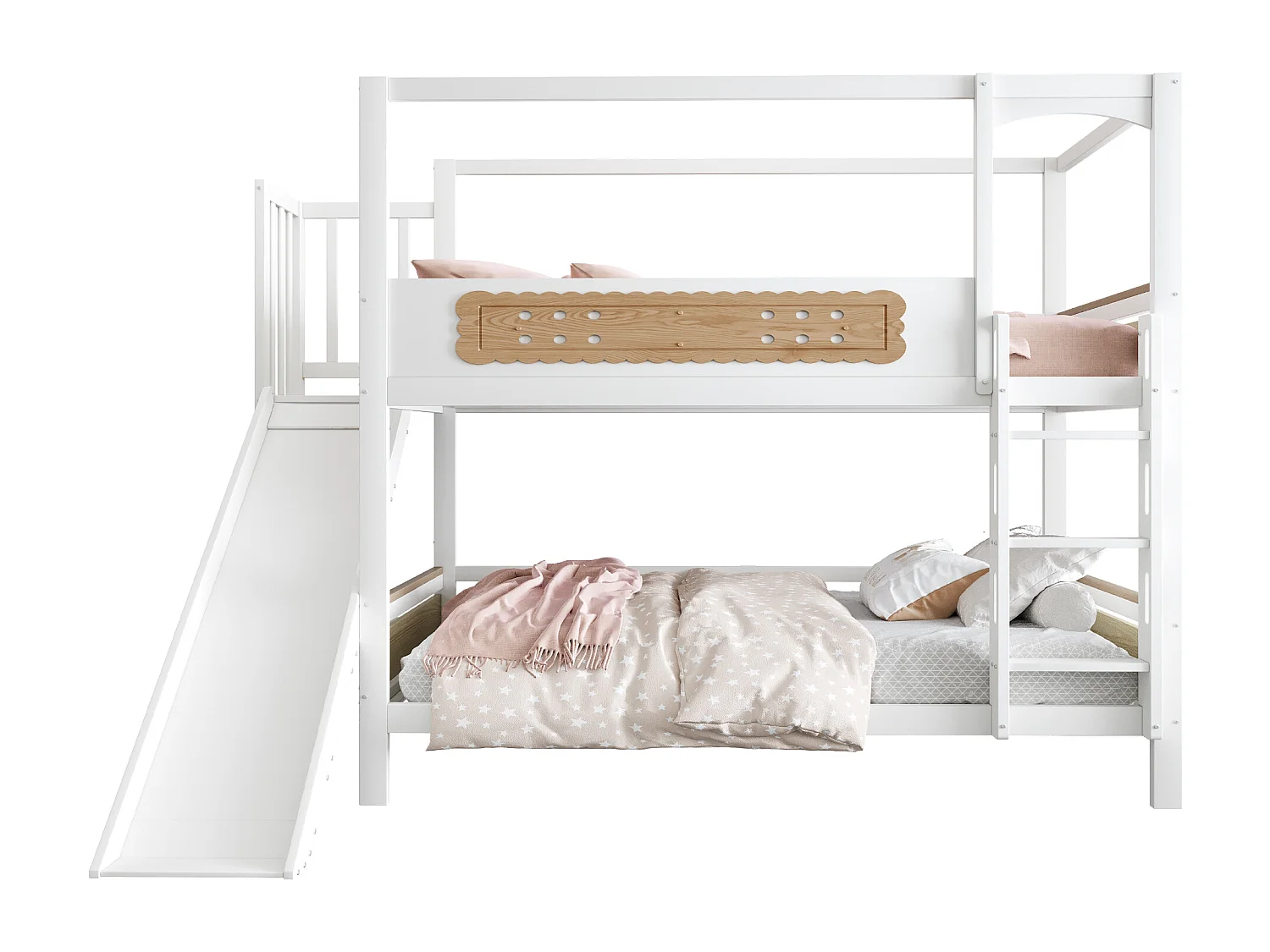 Letto a castello per bambini - 2 x 90 x 200 cm - a forma di casa - con sponde + scivolo + scaletta - legno - bianco