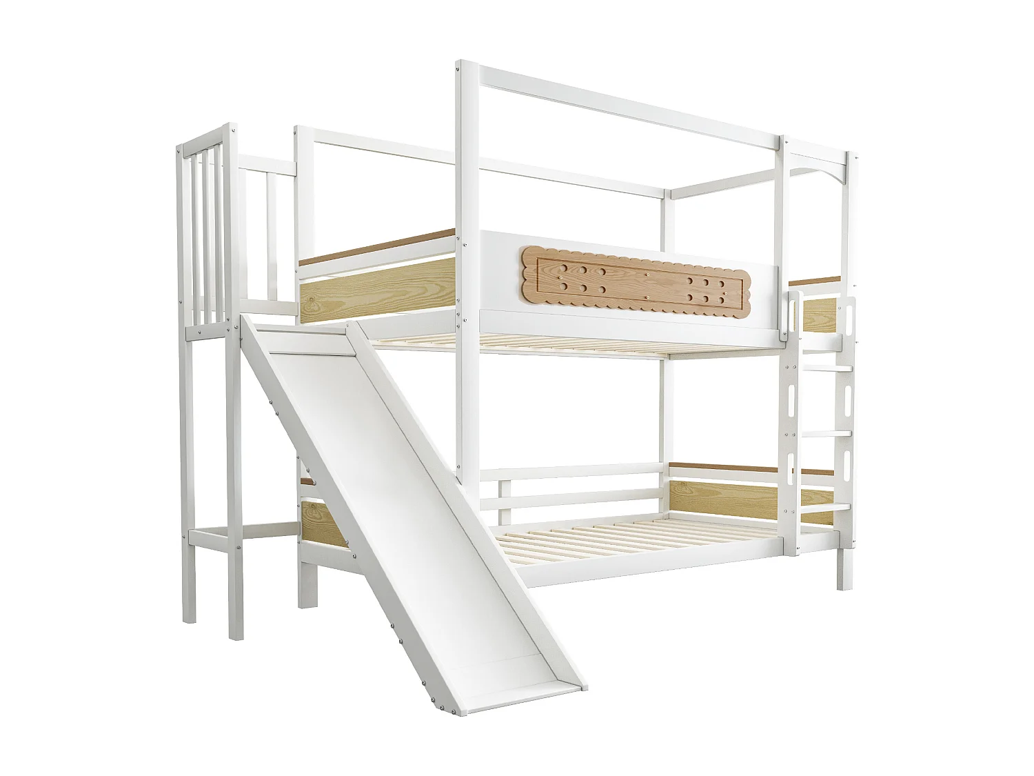 Letto a castello per bambini - 2 x 90 x 200 cm - a forma di casa - con sponde + scivolo + scaletta - legno - bianco