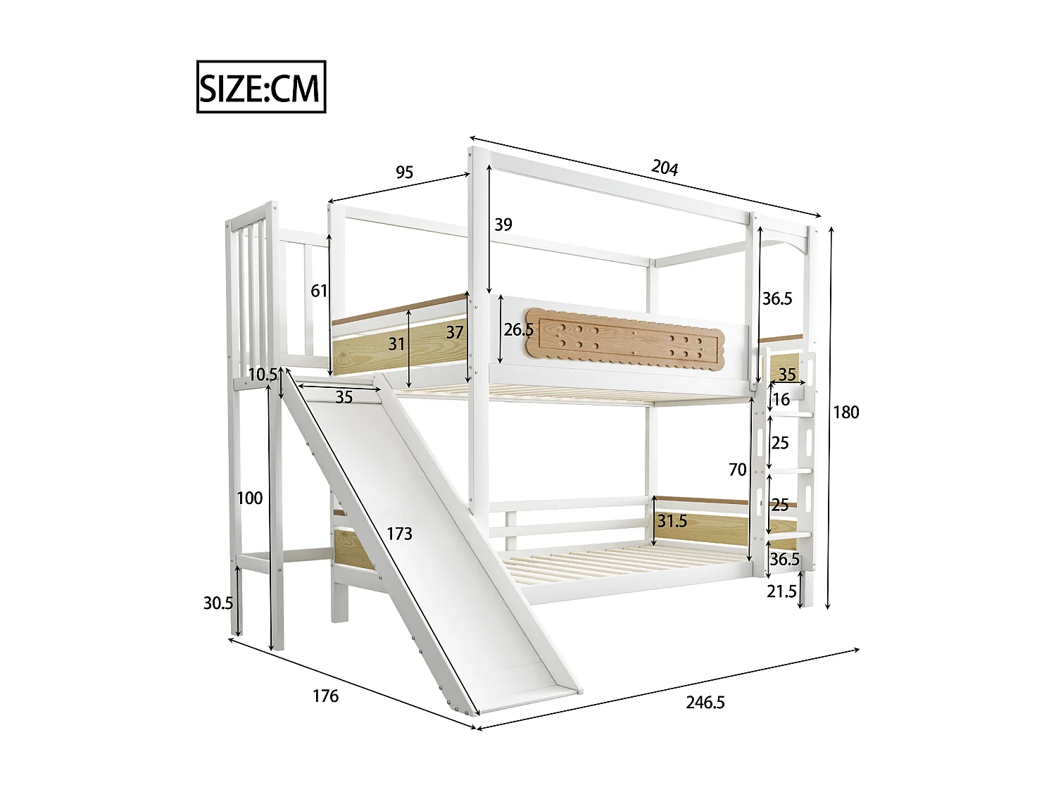 Letto a castello per bambini - 2 x 90 x 200 cm - a forma di casa - con sponde + scivolo + scaletta - legno - bianco