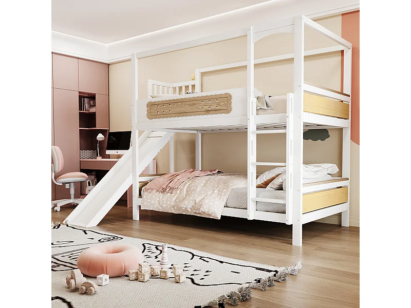 Lit superposés pour enfants - 2 x 90 x 200 cm - en forme de maison - avec barrières + toboggan + échelle - bois - blanc