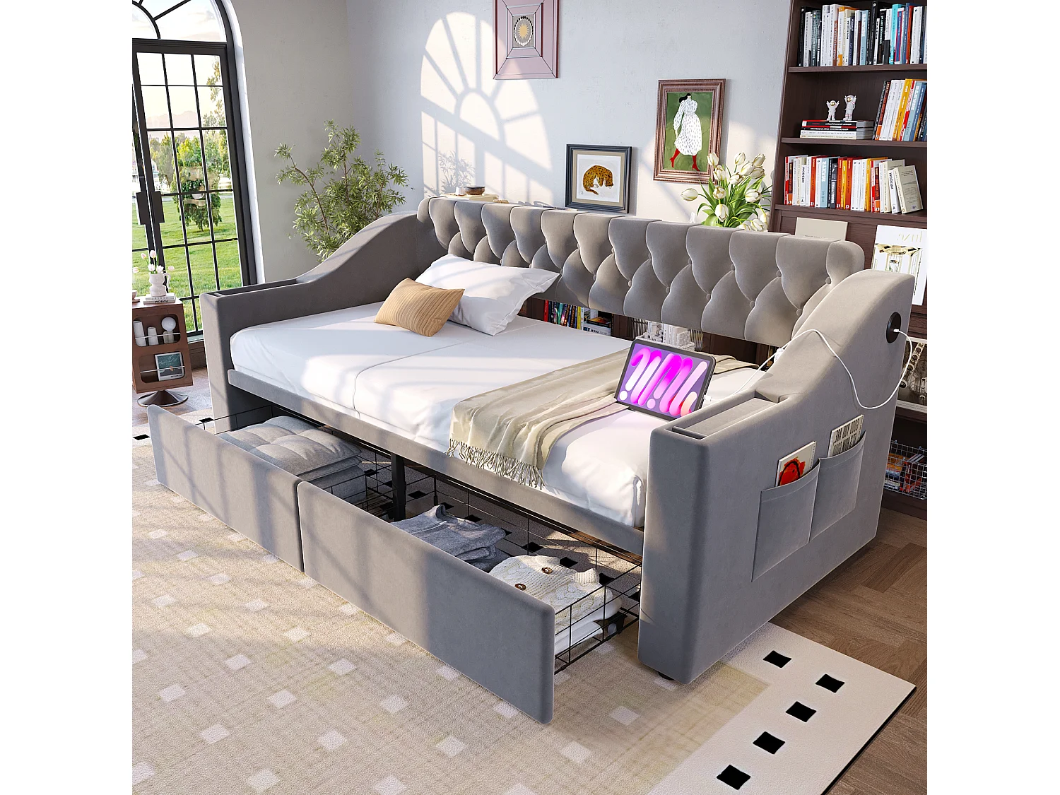 Canapé-lit capitonné enfant - 90 x 190 cm - avec accoudoirs de rangement + USB + 2 tiroirs - velours - gris clair