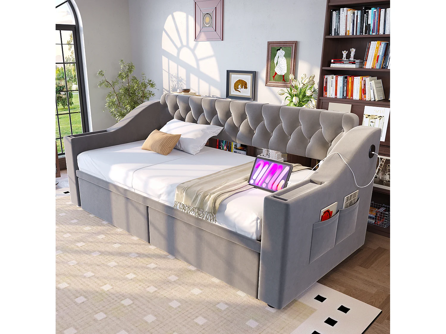 Canapé-lit capitonné enfant - 90 x 190 cm - avec accoudoirs de rangement + USB + 2 tiroirs - velours - gris clair