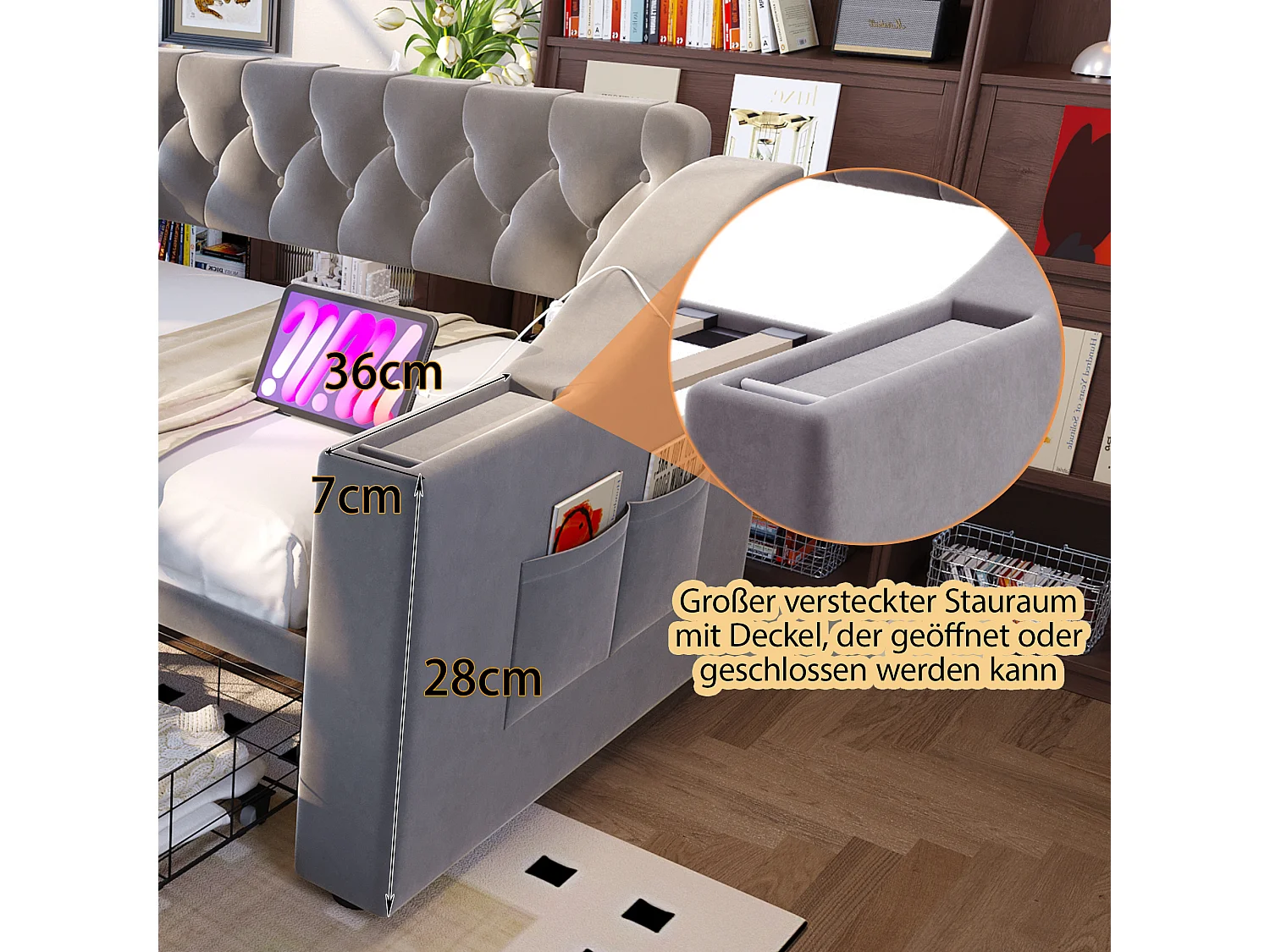 Canapé-lit capitonné enfant - 90 x 190 cm - avec accoudoirs de rangement + USB + 2 tiroirs - velours - gris clair