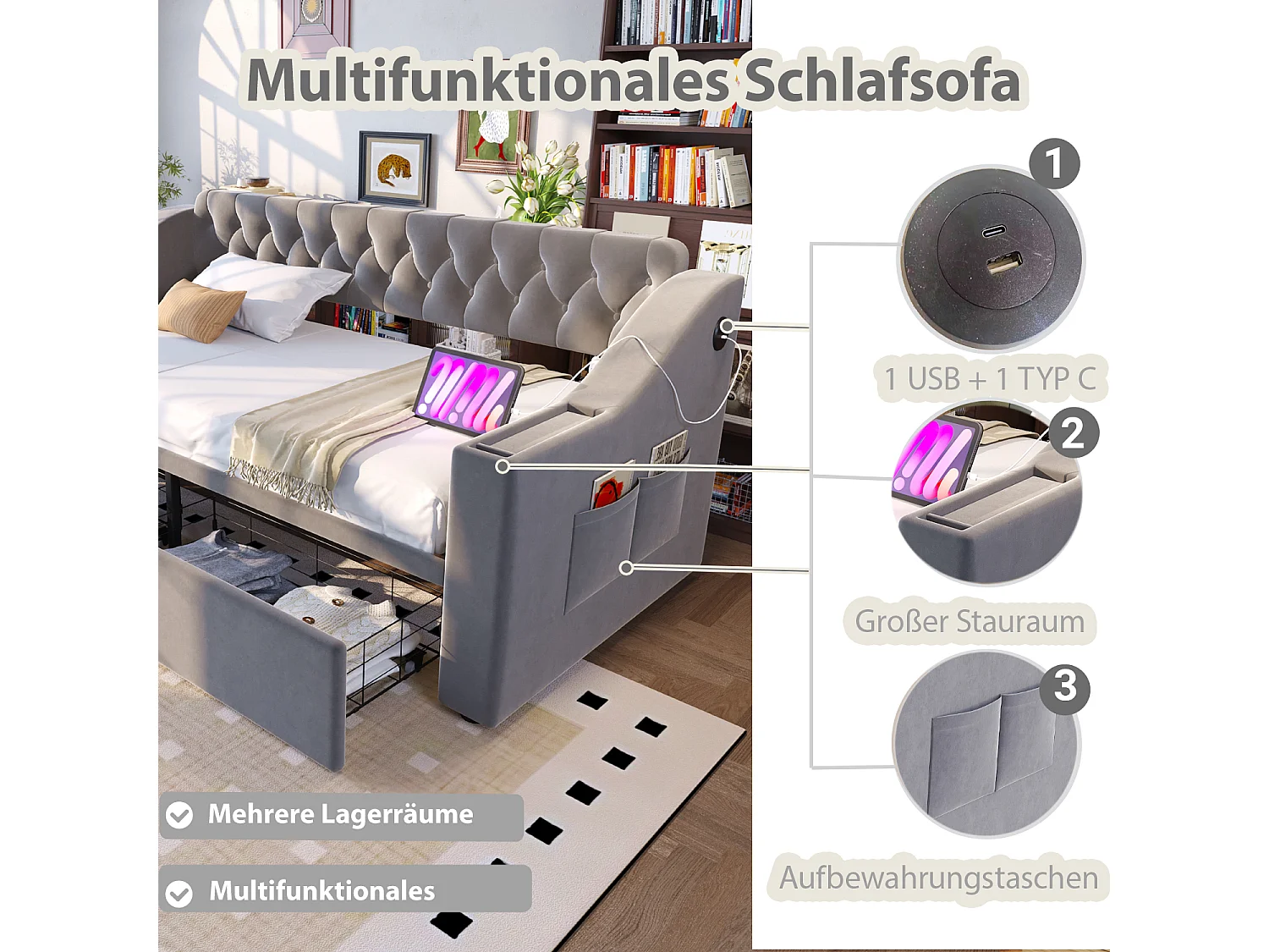 Canapé-lit capitonné enfant - 90 x 190 cm - avec accoudoirs de rangement + USB + 2 tiroirs - velours - gris clair